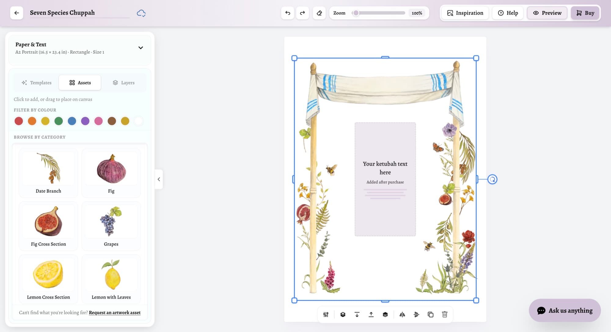 Early stage of the Seven Species chuppah design in Ketubah Studio with the fruit asset collection open beside the canvas