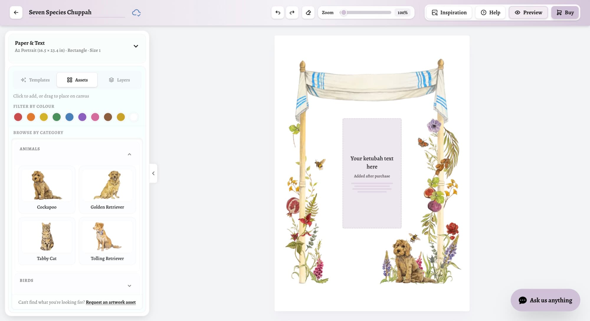Developing Seven Species chuppah design in Ketubah Studio with the painted Cockapoo added among flowers at the base