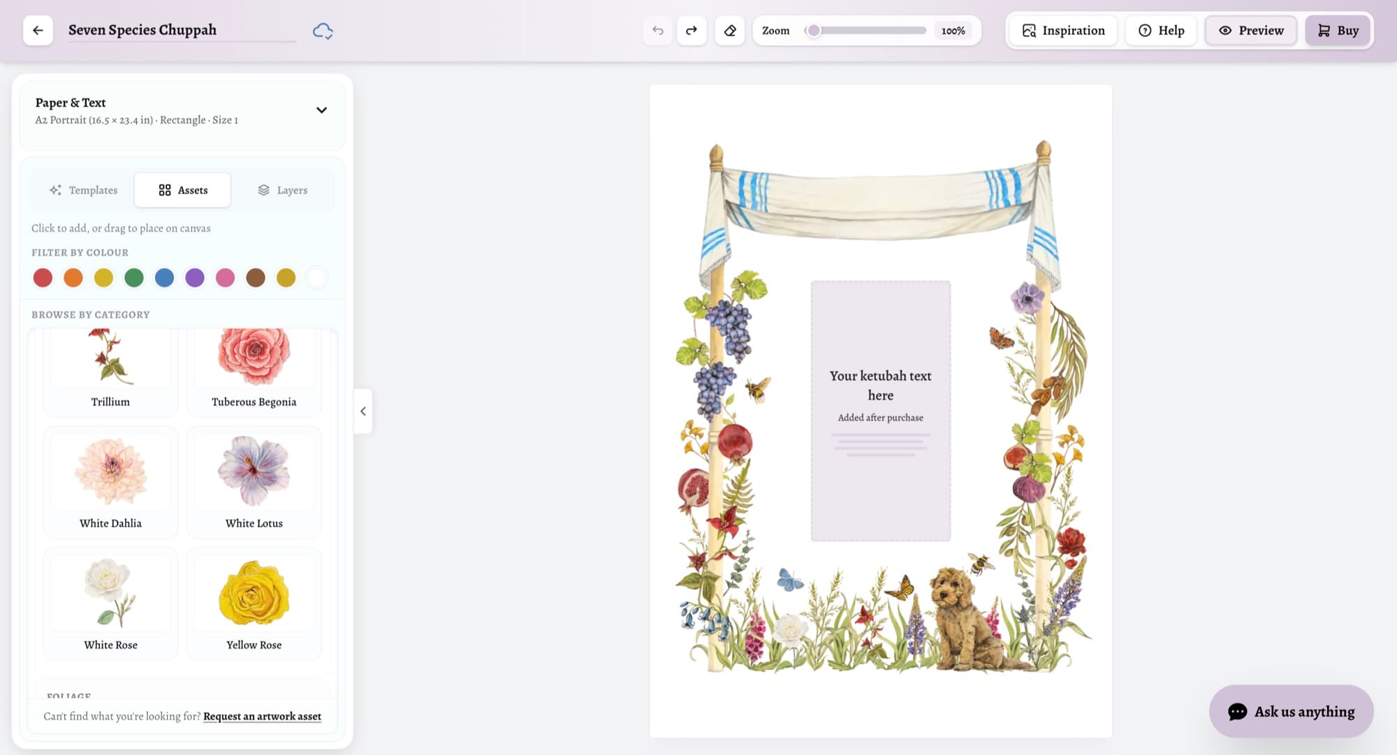Nearly completed Seven Species chuppah composition in Ketubah Studio with the flower asset collection open beside the canvas