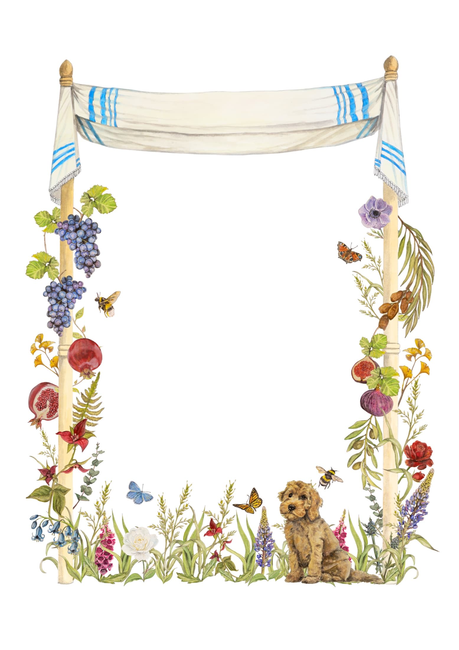 Finished Seven Species chuppah ketubah design made in Ketubah Studio with the painted Cockapoo sitting among flowers at the base