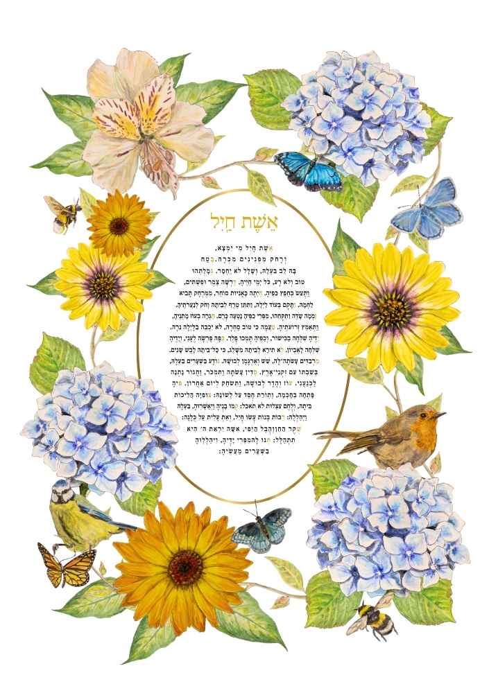 Golden Meadow Eshet Chayil with golden flowers, blue hydrangeas, birds, butterflies and bees