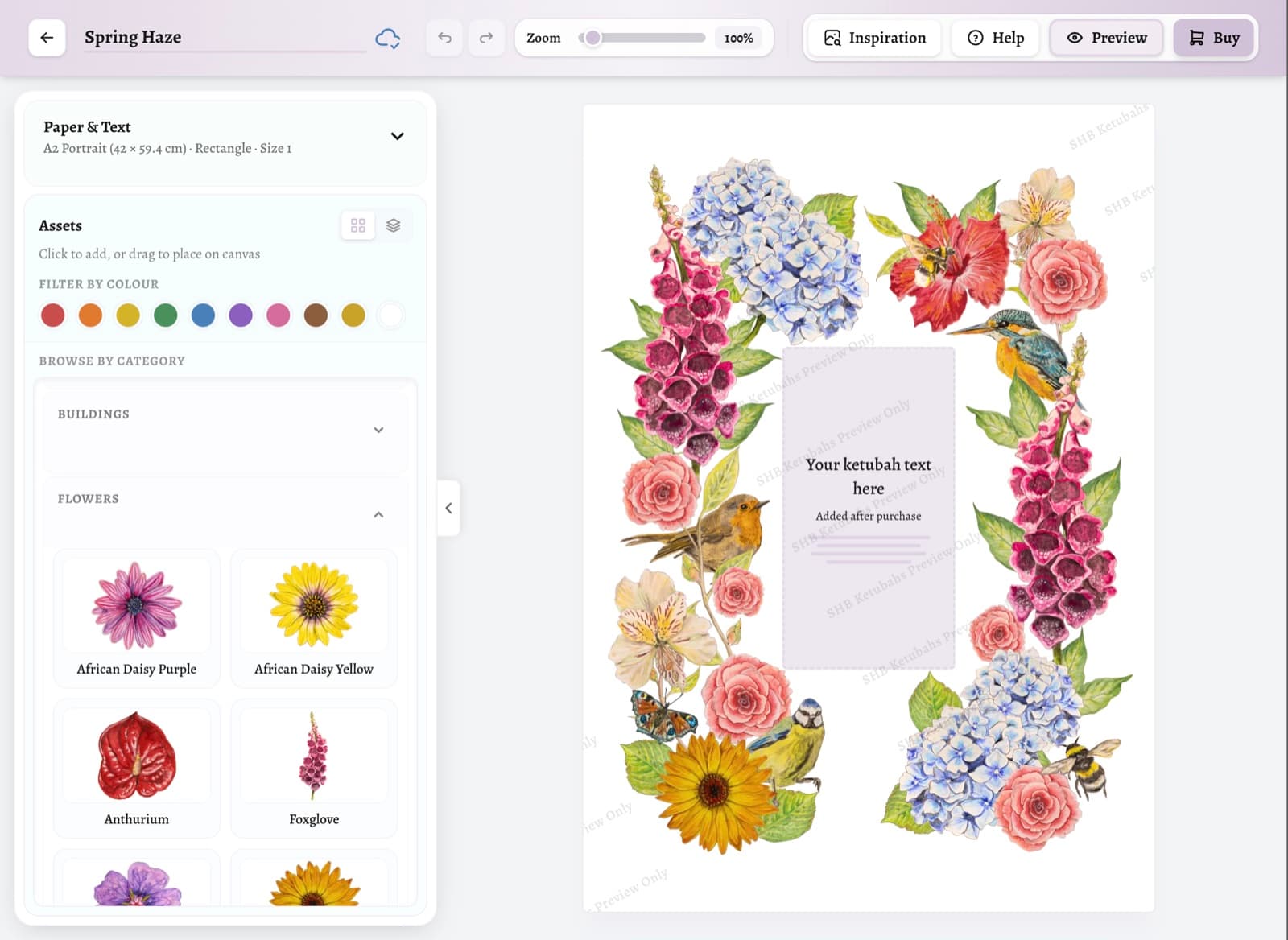 A colourful floral ketubah being designed in Ketubah Studio