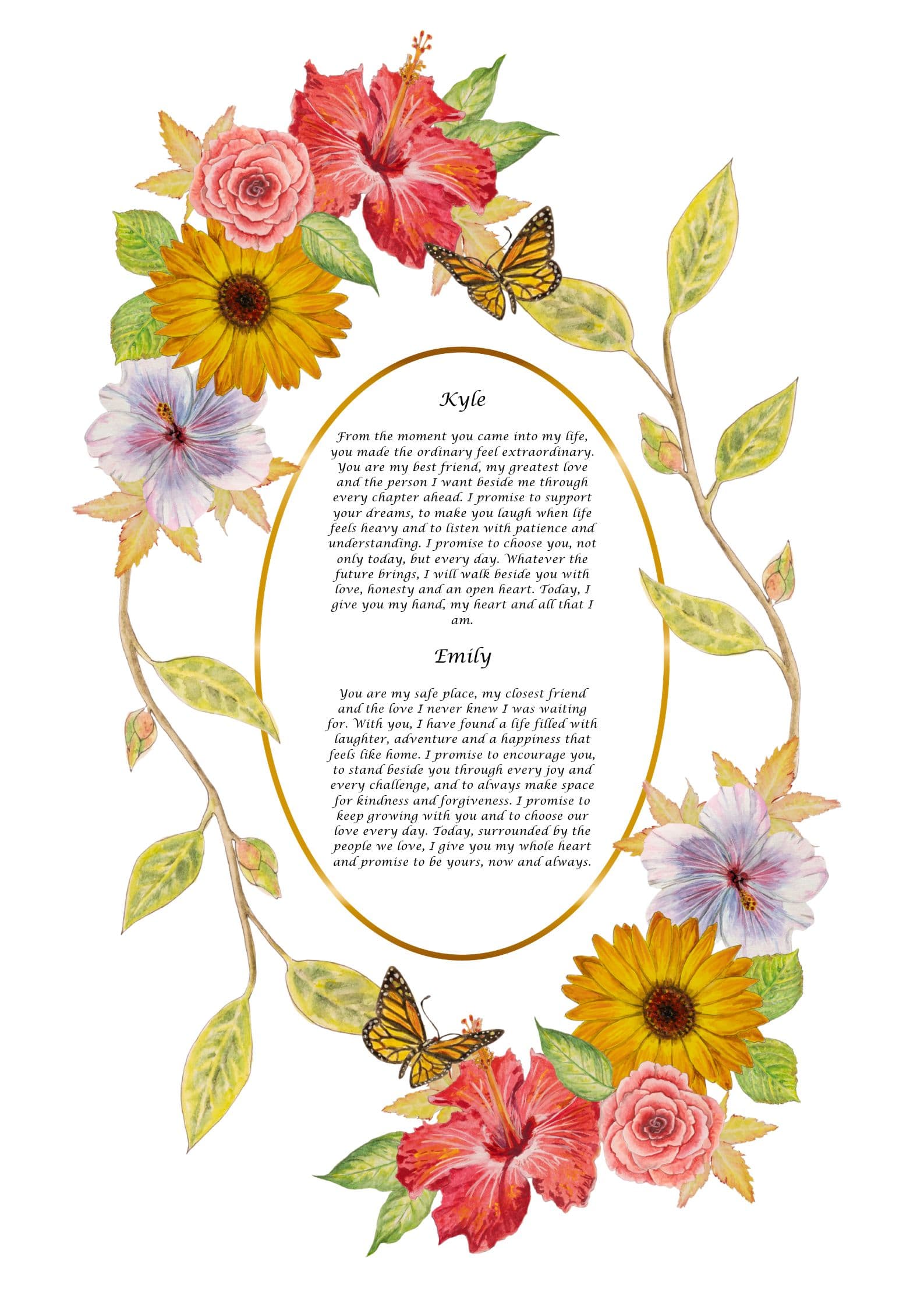 Floral Sunset personalised wedding vows print by Sophie Bacall