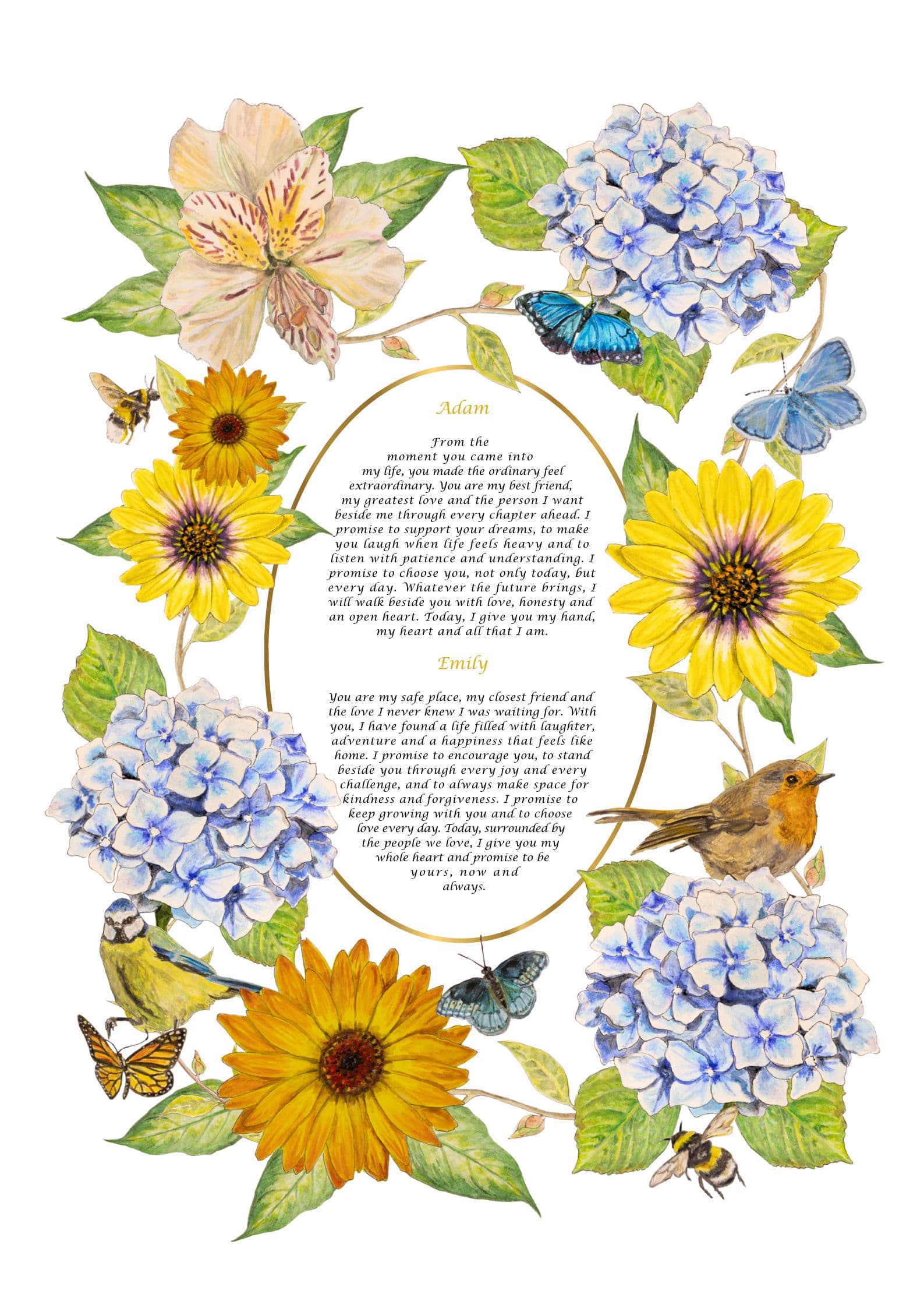 Golden Meadow personalised wedding-vow artwork with yellow flowers and blue hydrangeas