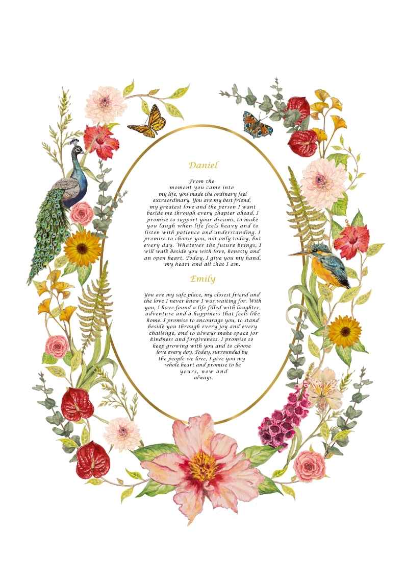 Ruby Garden personalised wedding vows print with ruby flowers, a peacock, kingfisher and butterflies