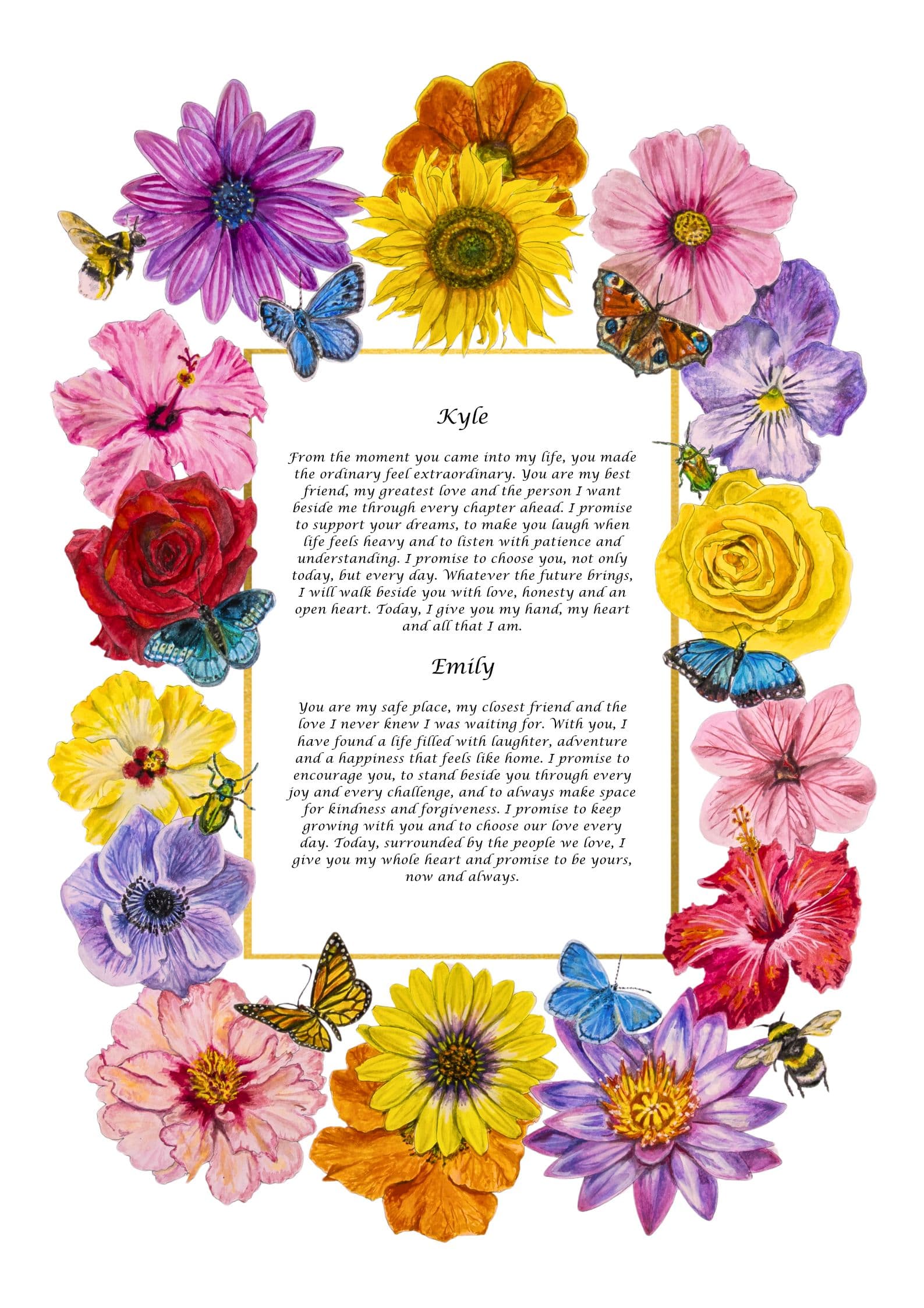 Summer Flowers personalised wedding vows print by Sophie Bacall