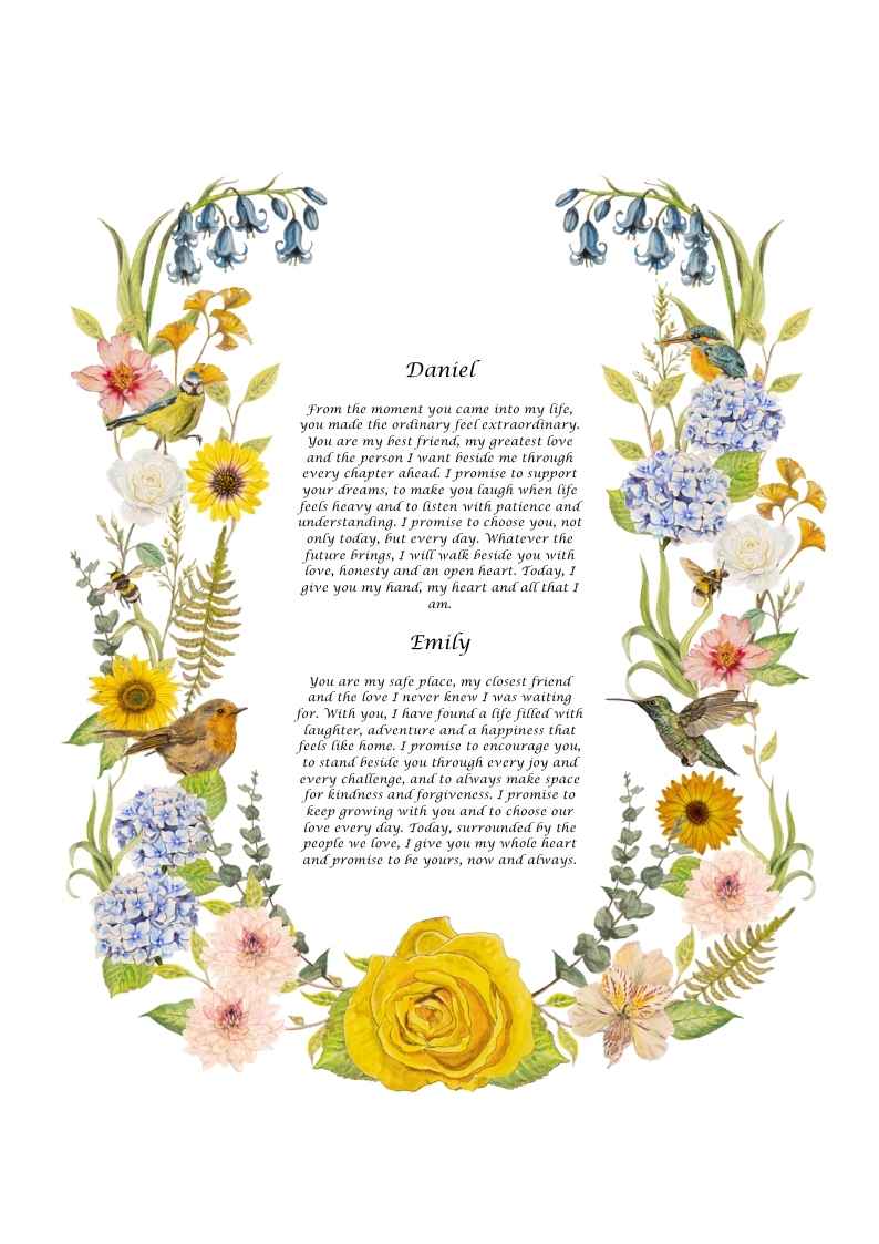 Wild Garden personalised wedding vows print with yellow roses, blue hydrangeas, birds and butterflies