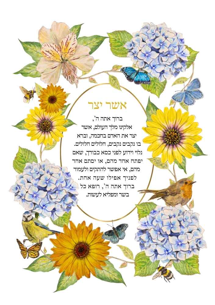 Golden Meadow Asher Yatzar with yellow flowers, blue hydrangeas, birds and butterflies